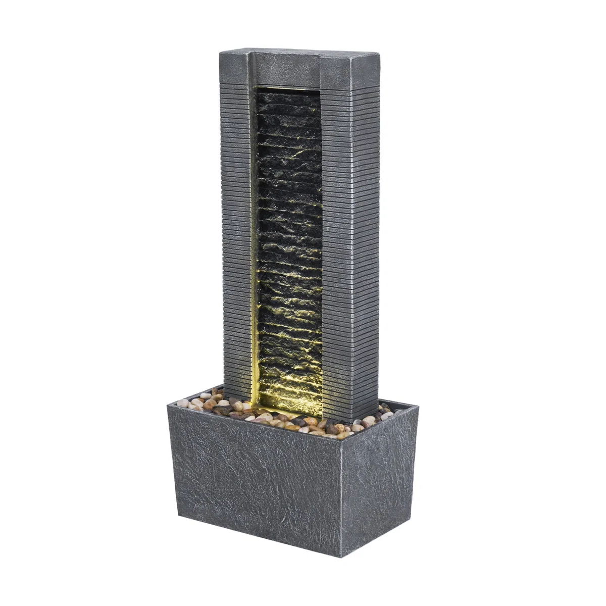 Teamson Home Demeter - Fontana a cascata con luci a LED e pietre di ciottoli, per patio, giardino, cortile, decorazione per terrazze, altezza 74,3 cm, grigio