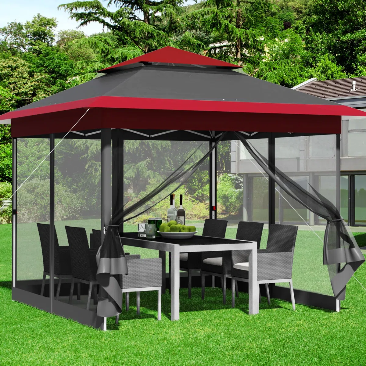 Gazebo pieghevole 3,3x3,3 m, con 4 pannelli laterali in zanzariera, One Push tenda con doppio tetto, Gazebo impermeabile da giardino 4 PCS sacchi di sabbia, per mercato/campeggio, Rosso Grigio