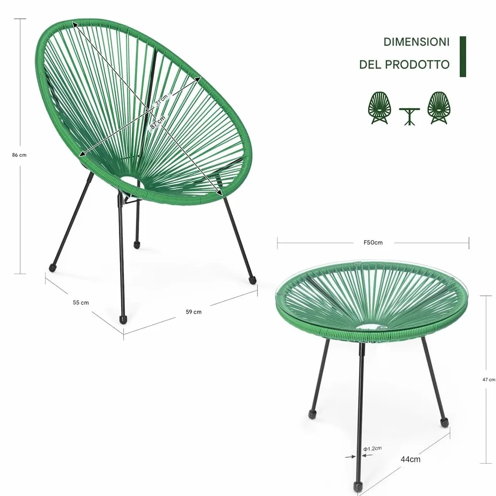 BAKAJI Set da Giardino in Polyrattan con 2 Sedie e 1 Tavolino, Design Intrecciato, Salotto da Conversazione per Esterni, Salottino Ideale per Patio, Balcone, Ristorante, Bar (Verde)