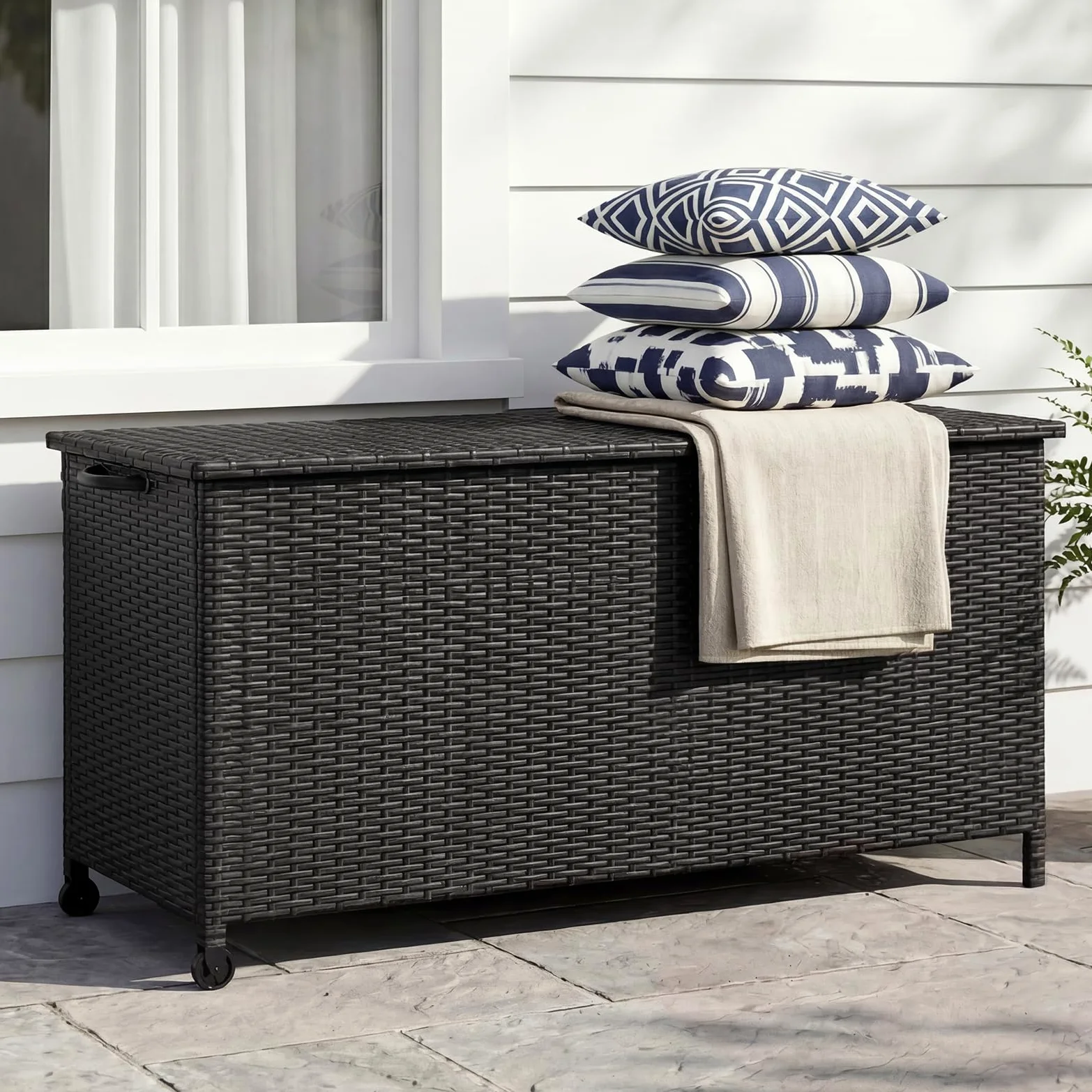 Grand patio Contenitore Box 480 L in Resina, Baule da Giardino con Rotelle Coperchio, Cassapanca Per Esterni, Facile Montaggio, Polyrattan Box Esterno da Giardino Esterno (Nero)