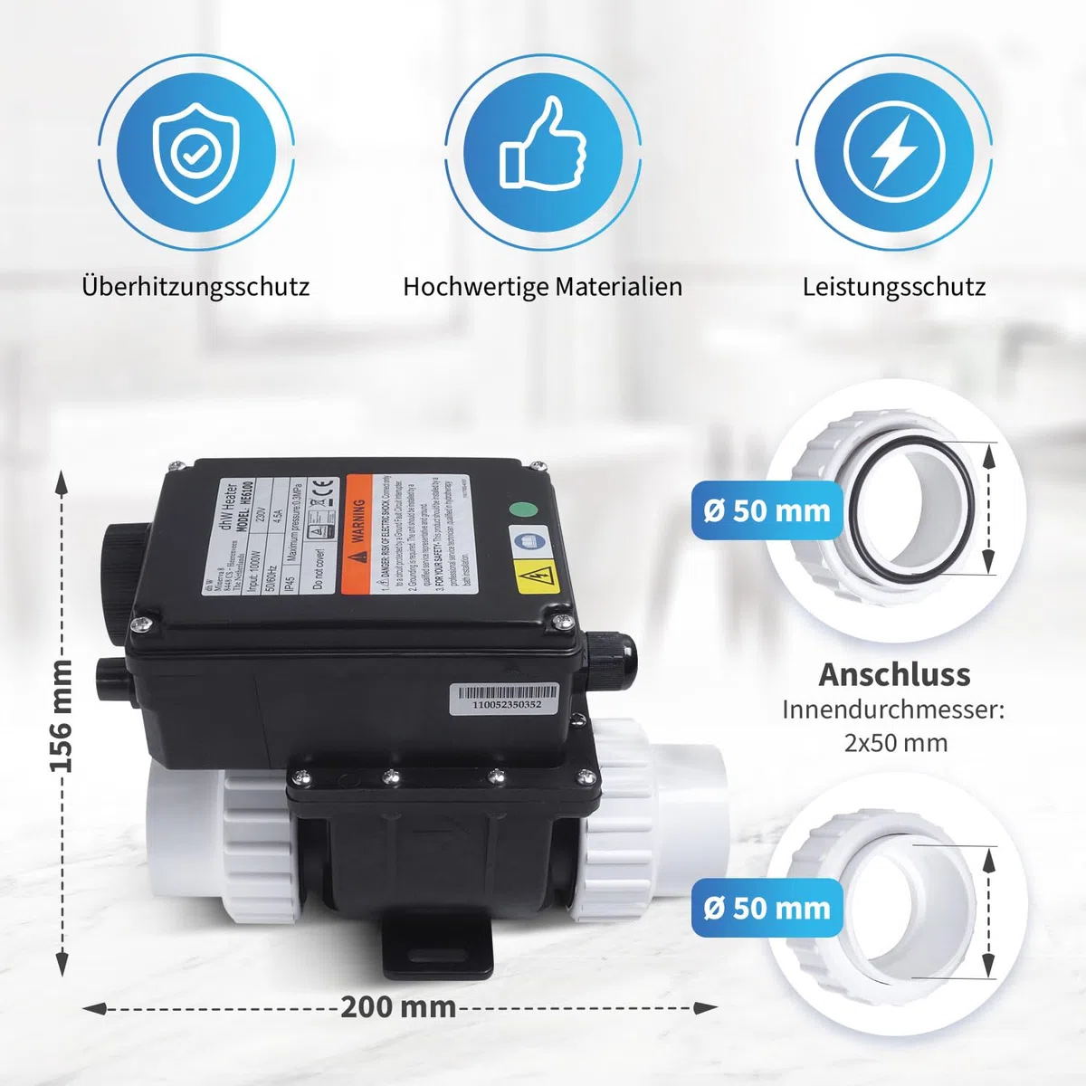 AQUADE Riscaldatore elettrico idromassaggio da 3 kW - Scaldacqua istantaneo per spa, vasca idromassaggio esterno e piccole piscine fino a 1280L - Scaldabagno con termostato e protezione contro il