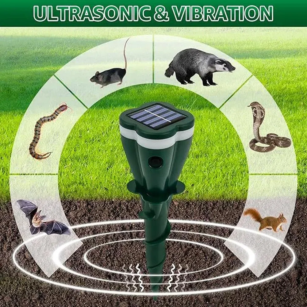 Pali ad ultrasuoni ad energia solare per prato, asta vibrante con design filettato, dispositivo impermeabile per animali da esterno per talpa, arvicola, gopher, serpente, puzzola, marmotta, protezione