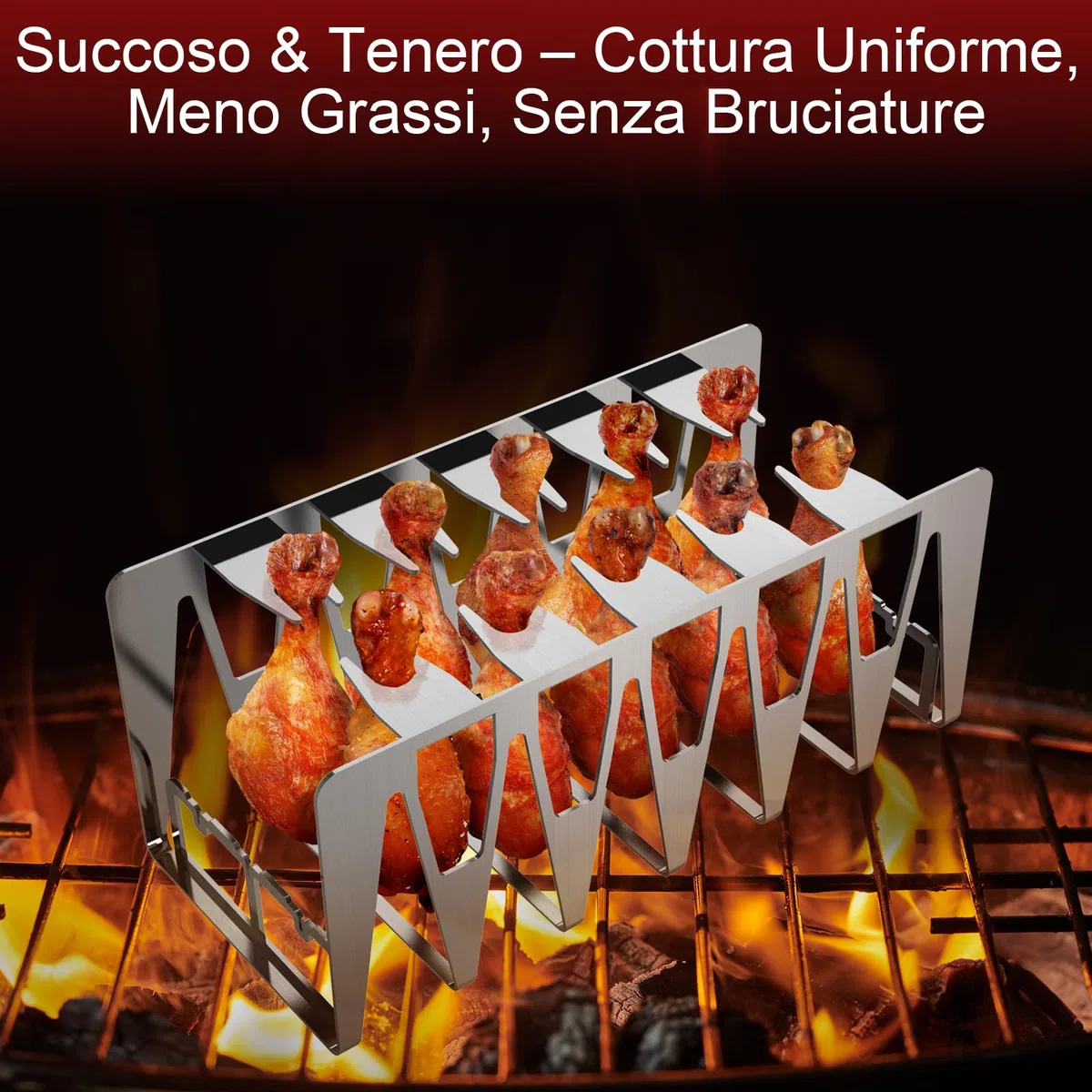Spareribs, supporto per cosce di pollo, accessorio per barbecue in acciaio inox, facile da grigliare indirettamente, griglia multifunzione per uomini e anche un buon regalo (set da 2, argento