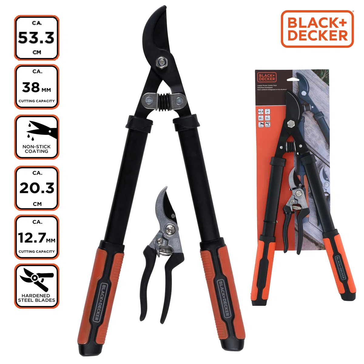 BLACK+DECKER Troncarami – 2 pezzi – cesoie da potatura 53,3 cm – cesoie da giardino 20,3 cm – nero/arancione