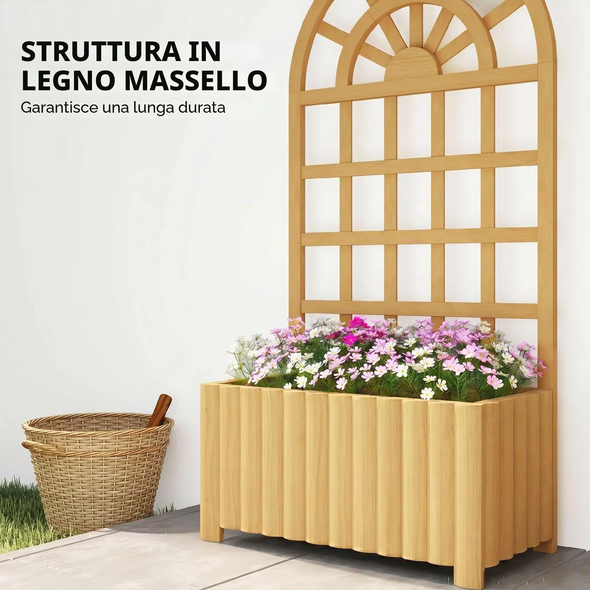 Outsunny Fioriera con griglia in legno, grande fioriera da esterno per piante rampicanti, con fori di drenaggio, vaso rialzato per giardino, patio, terrazza, 60x30x120 cm, naturale