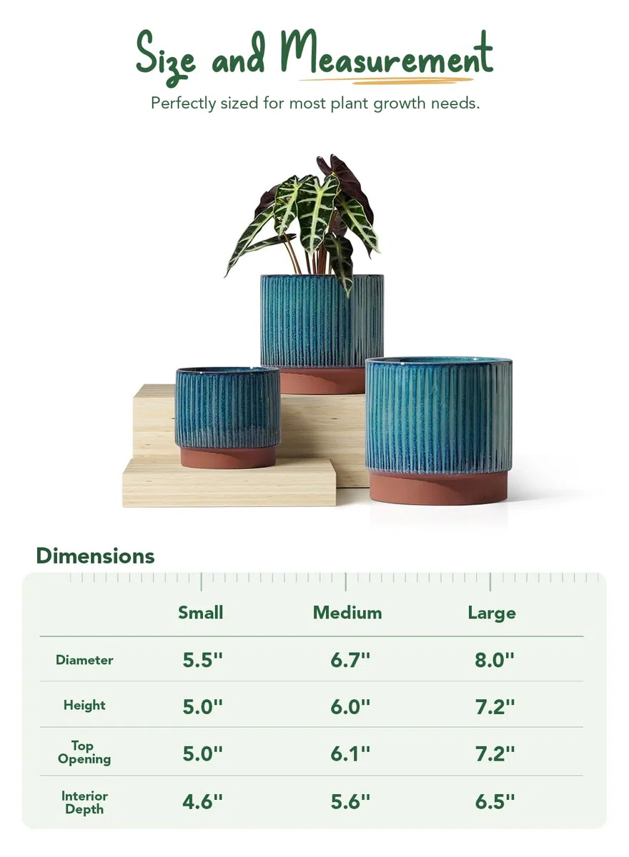 LE TAUCI Vasi per piante in ceramica, 20 + 16 + 14 cm con fori di drenaggio, uso interno/esterno, vasi da giardino a righe in stile moderno, verde smalto reattivo