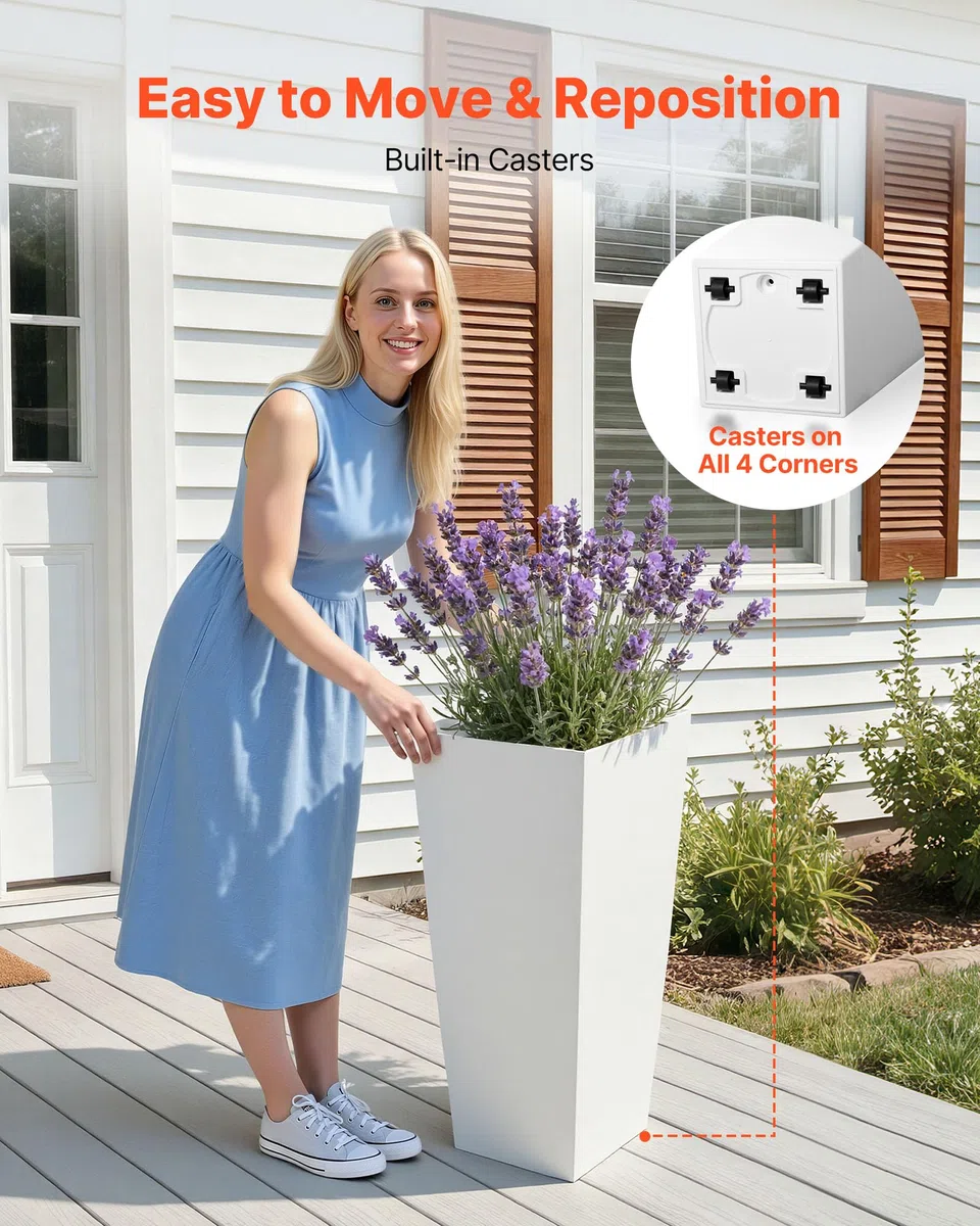 VEVOR Set di 2 Vasi da Fiori Alti 665 mm, Fioriere Decorative per Piante Grandi, Vasi da Terra in Stile Moderno di Plastica PP per Portico con Rotelle e Fori di Drenaggio, per Patio Giardino Bianco