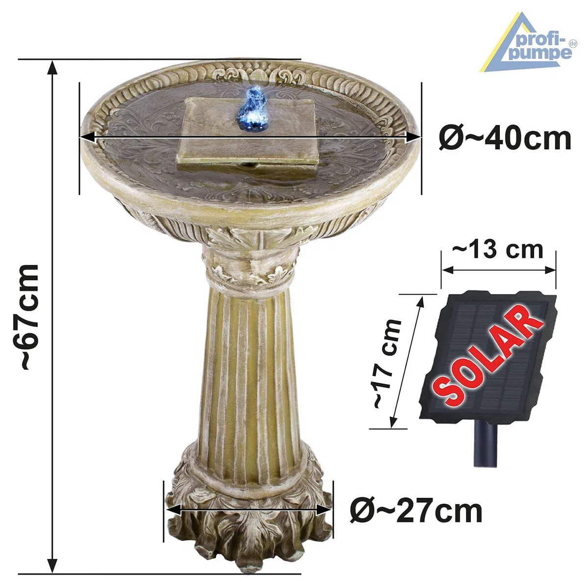 Fontana da giardino a energia solare, fontana ornamentale, fontana con luce LED e batteria agli ioni di litio