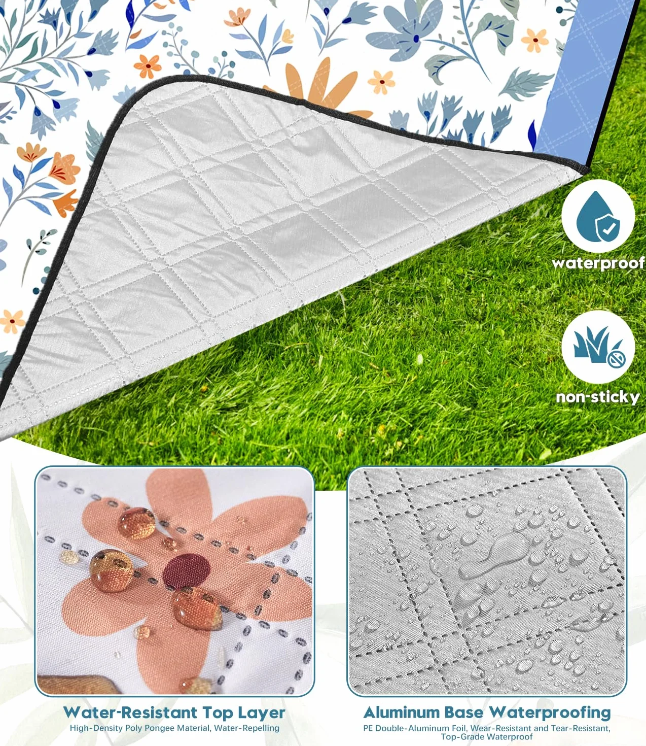 DEWUR Coperta da picnic coperta da spiaggia lavabile impermeabile Sandfrei XXL coperta da campeggio coperta da spiaggia isolata con parte inferiore impermeabile (200x200cm, bianco con fiori)