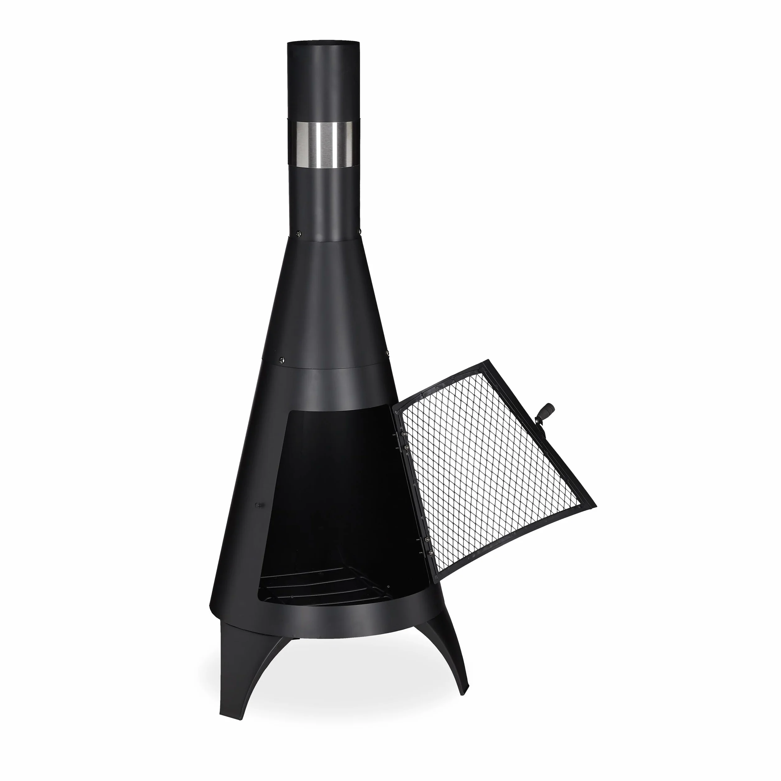Relaxdays Stufa da Esterno con Parascintille, Caminetto Decorativo, da Giardino, a Legna, HxD 120 x 45 cm, Acciaio, Nera