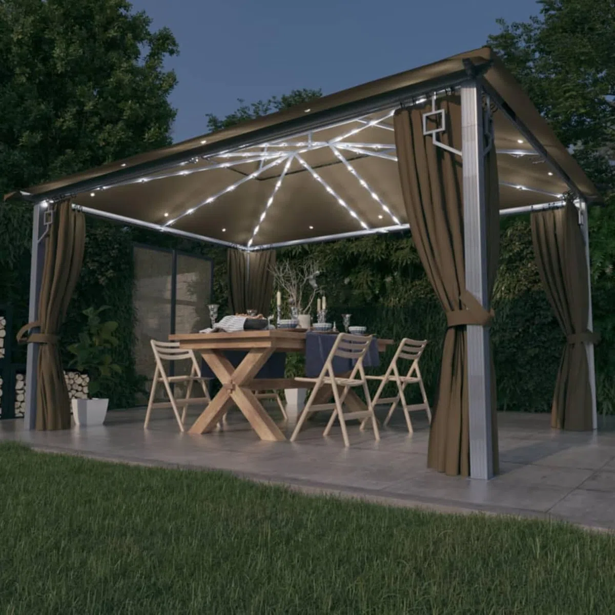 Gecheer Gazebo con Tende e Luci a LED, Gazebo per Esterno, Pergola con Tela, Gazebo da giardino, Gazebo per feste, Gazebo con Zanzariera, Padiglione 4x3m Tortora, Alluminio