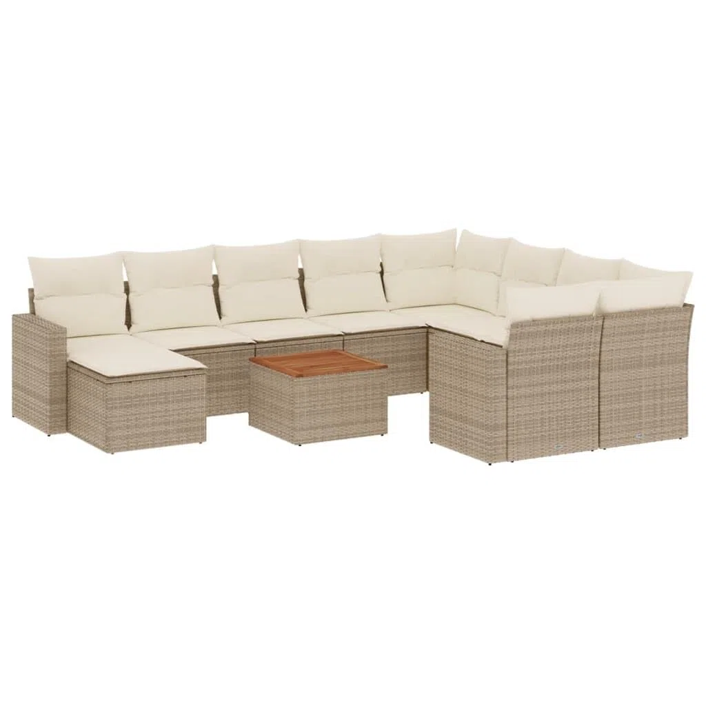 Set da 11 pezzi in polyrattan beige con cuscini, divano da giardino con imbottitura, design modulare, piano in legno di acacia, sfoderabili e lavabili