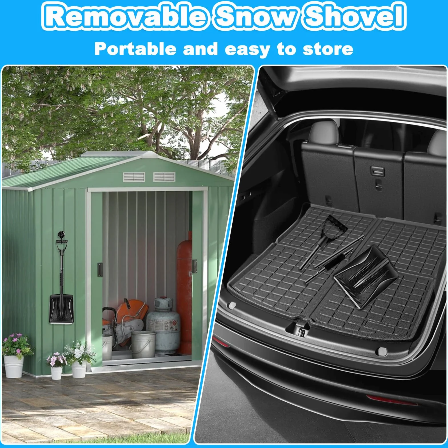 Pala Neve con Asta Smontabile & Regolabile, Pala da Neve Robusta e Durevole con Manico Antiscivolo Ergonomico, Attrezzo Multifunzionale Portatile per Giardinaggio, Accumulo Neve, Campeggio e Maltempo