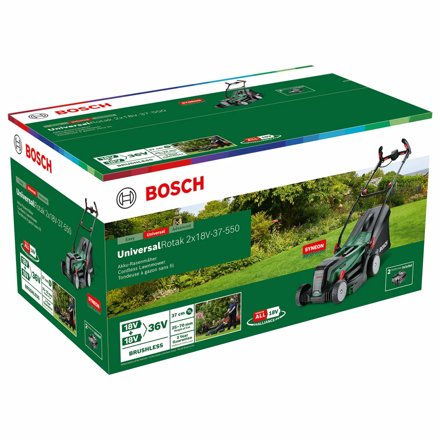 Bosch Tagliaerba/Tosaerba a batteria UniversalRotak 2x18V-37-550 | fino a 500 m2; 18 Volt System; larghezza di taglio: 37 cm; 2 batterie da 18 V 4.0 Ah e caricabatteria