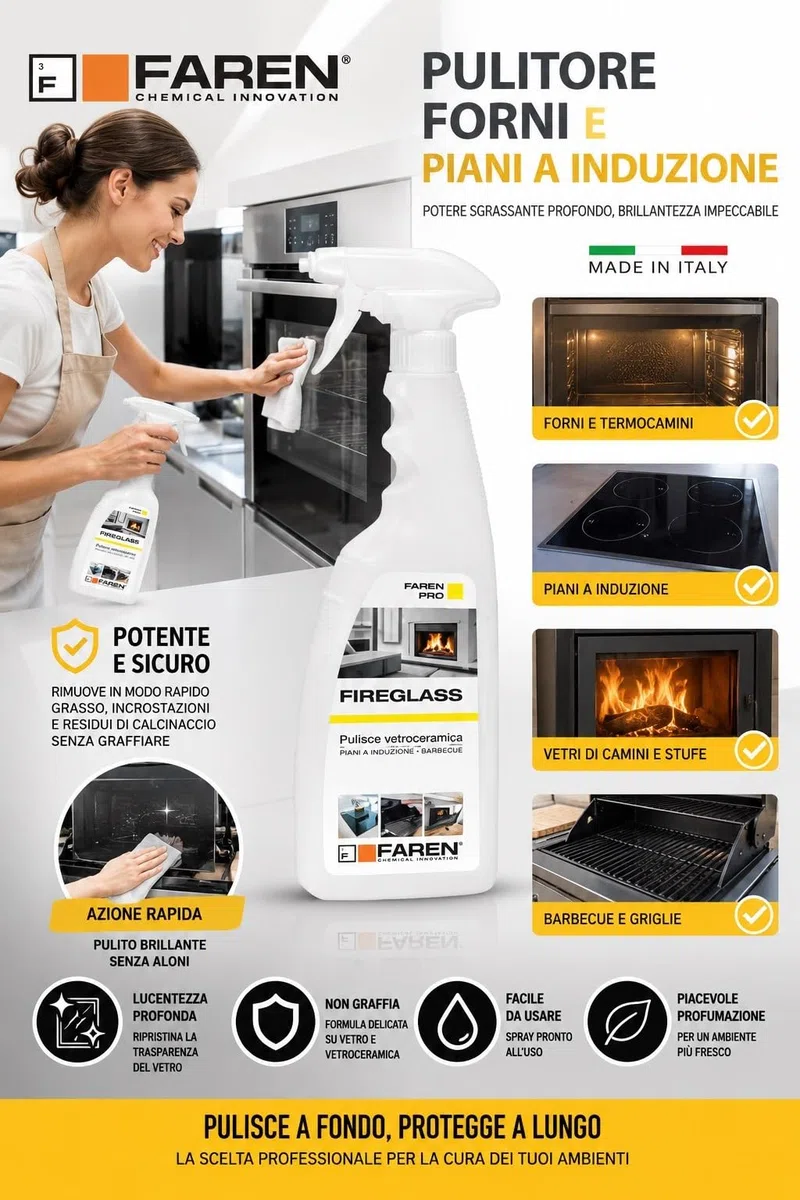 Faren FIREGLASS, Detergente Pulisci Vetro Camino e Stufa, Efficace su Vetroceramica e Barbecue, Ideale per Termocamini e Piani a Induzione, Made in Italy, 750 ml (12pz)