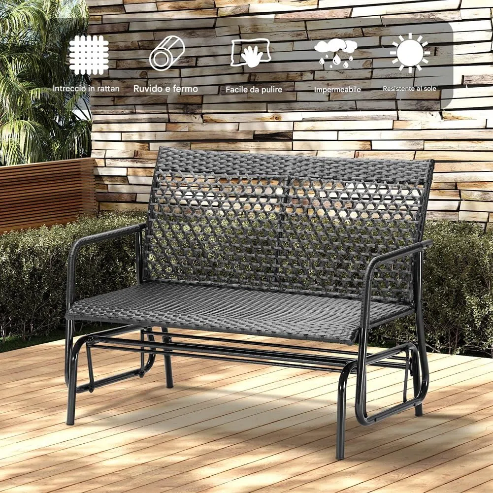 BAKAJI Panchina a Dondolo in Rattan 2 Posti da Esterno, Panca da Giardino Basculante, Divanetto Dondolante Ergonomico con Struttura Resistente ai Raggi UV e Intemperie, Adatto Balconi, Patio, Terrazzo