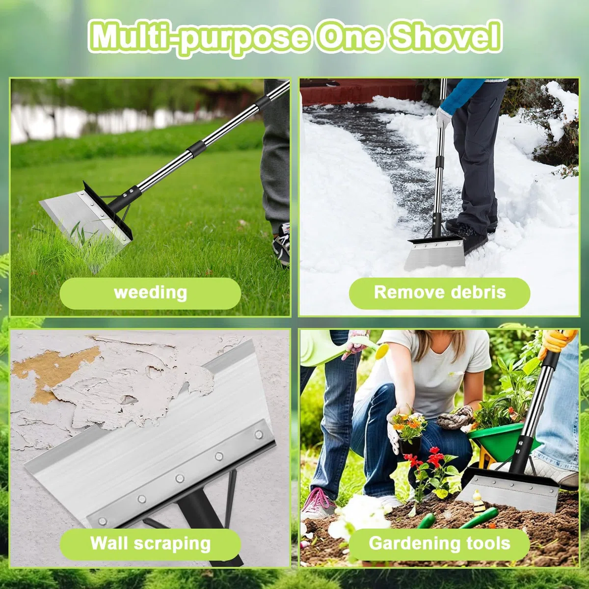 Pala da Giardino Multifunzionale con Manico 120 cm, Raschietto Diserbo in Acciaio Inox, Pala di Giardinaggio Regolabile, Strumento Pulizia di Esterno per Rimozione di Ghiaccio, Muschio, Erbacce