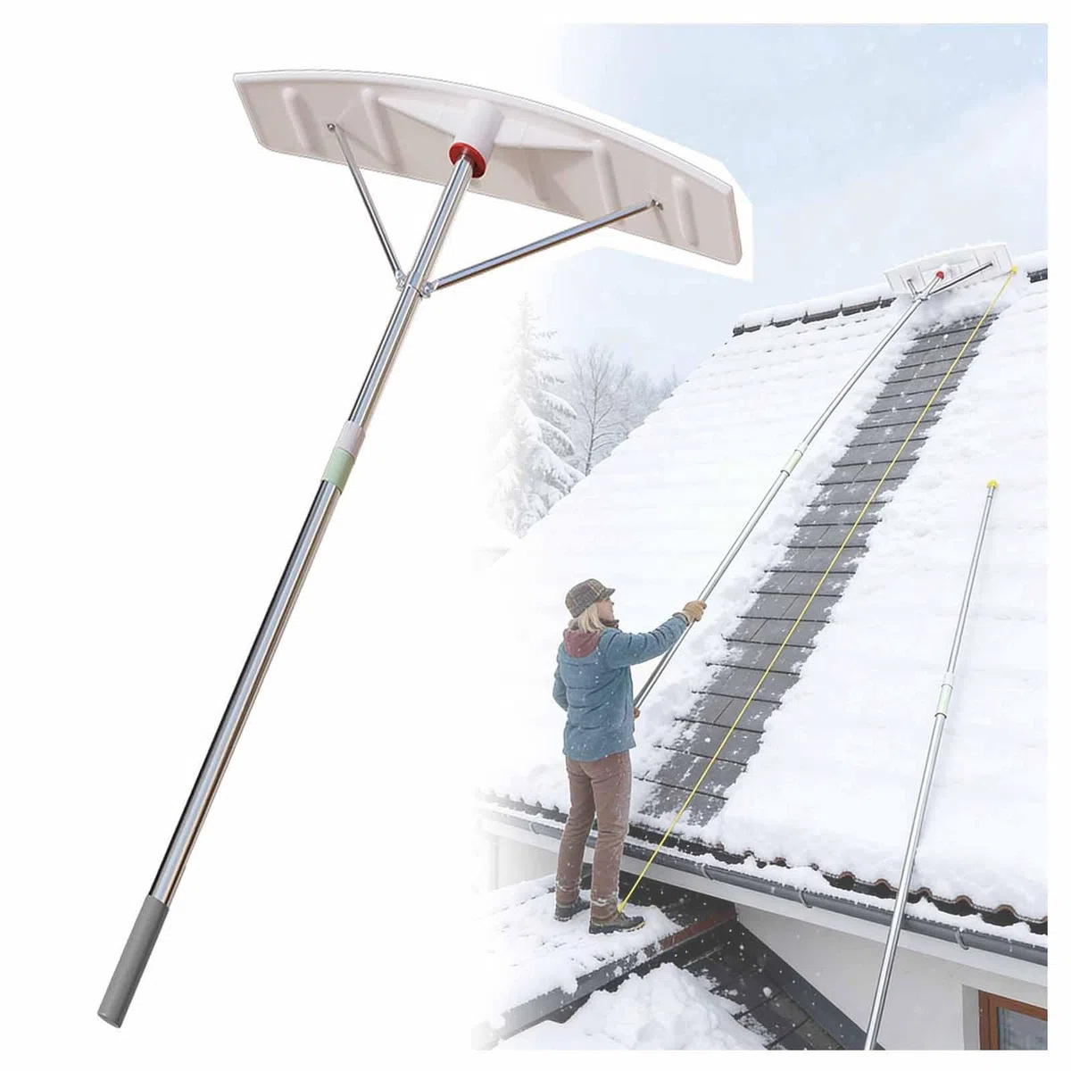 Strumento telescopico per rimozione neve per tetti e camion con raschietto per ghiaccio e rastrello per detriti