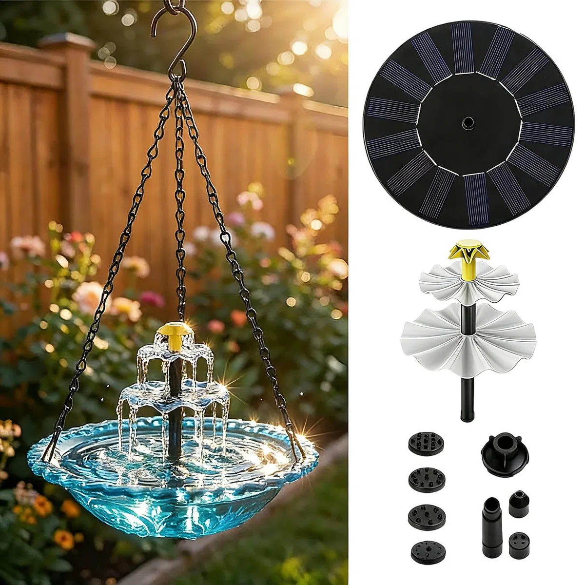 Bagno per Uccelli Solare, con Cascata e Pompa con Spruzzatore, Bagno per Uccelli con Fontana Solare, per Attirare e Fringuelli, Arredo Esterno per Giardino Laghetto