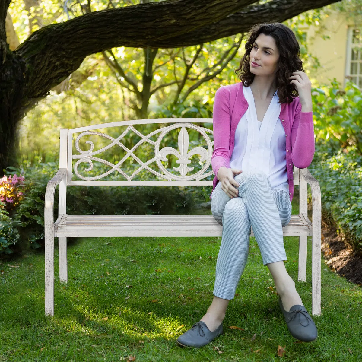 Relaxdays Panchina da Giardino, Panca da Esterno in Metallo, con Schienale in Ghisa, HLP: 86 x 127 x 57cm, Bianco Bronzo