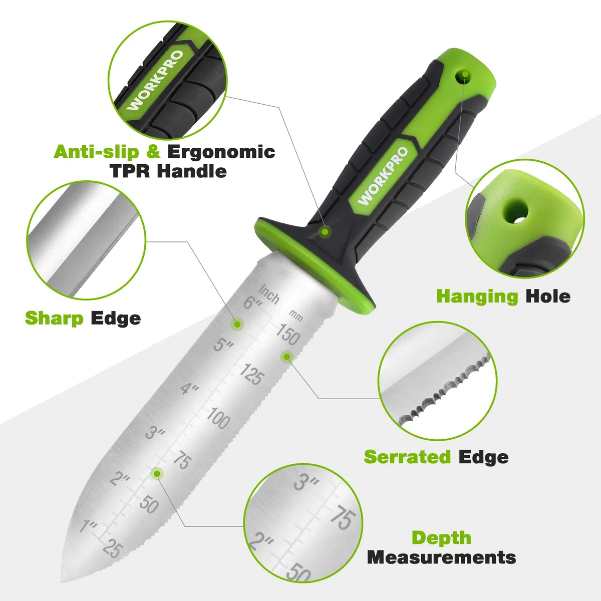 WORKPRO Coltello da Giardino in Acciaio Inossidabile, Strumento Ergonomico con Manico in TRP, Paletta da Giardino con Custodia in Oxford - Ideale per Estirpazione, Piantagione e Scavatura