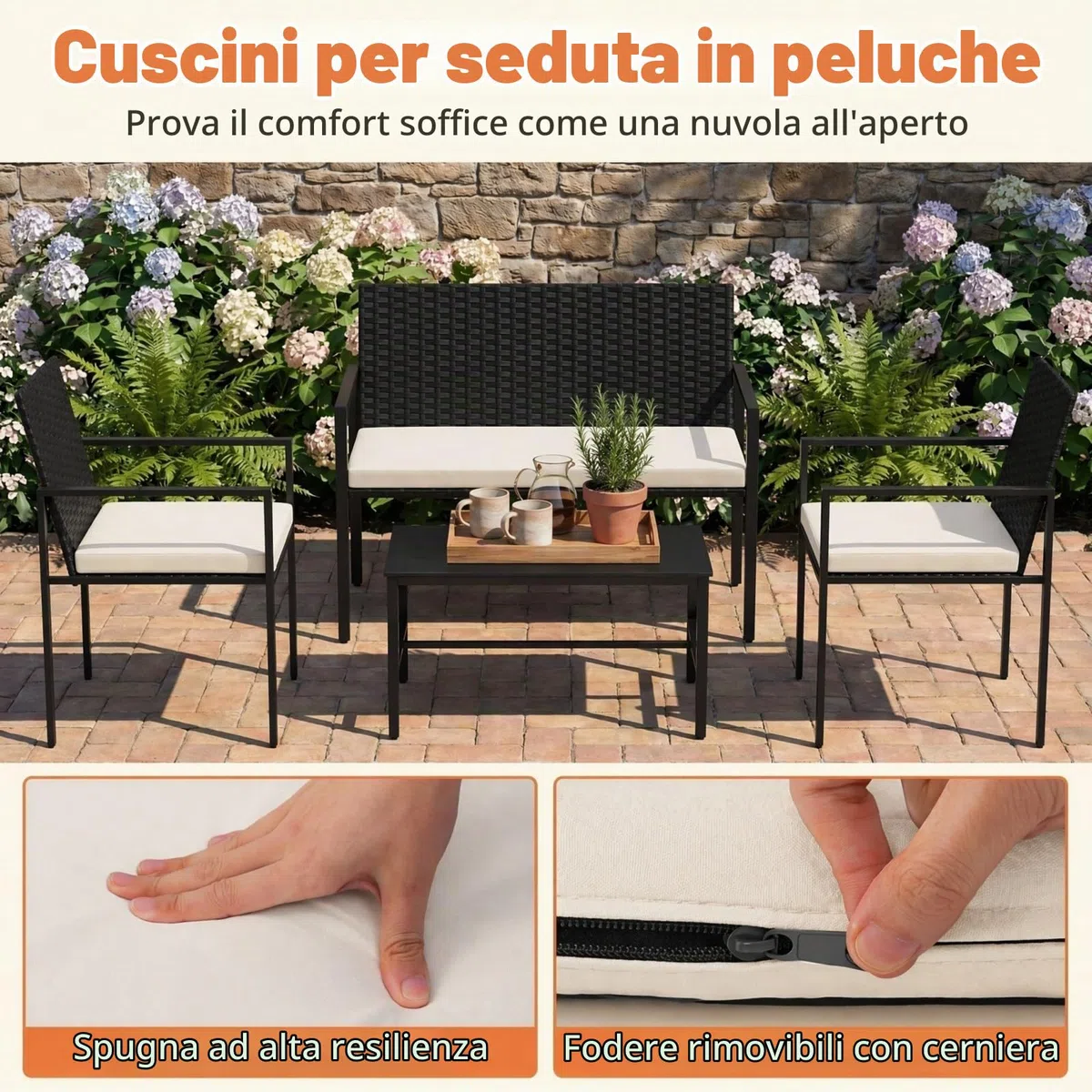 GIANTEX Set di Mobili da Giardino in Rattan per 4 Persone, Composto da 2 Poltrone e Tavolo in Vetro Temperato, Mobili Multiuso per Balcone, Terrazza e Veranda