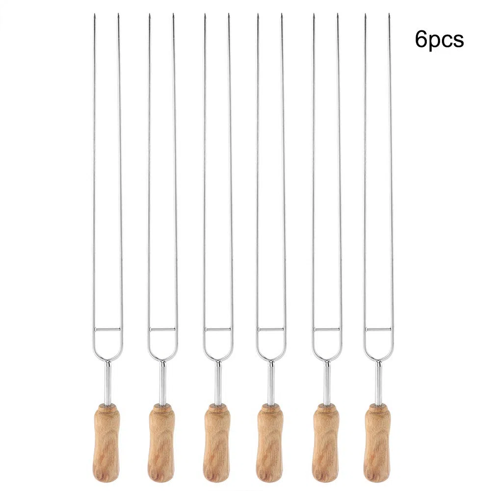 6pcs Fork lungo barbecue, acciaio inox doppio spiedino per barbecue, manico in legno riutilizzabile Spiedi barbecue bastoncini all'aperto per casa 40 cm