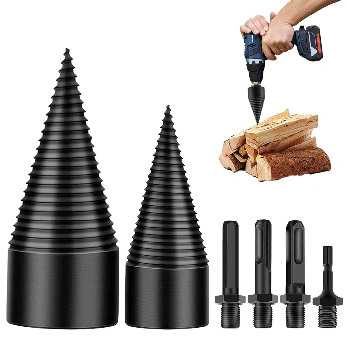 VCXMN Spaccalegna Trapano 45mm + 32mm, Cono Spaccalegna per Trapano, Punta da Trapano a Cono per Vite Spaccalegna, Spaccalegna Cono di Legno con 4 Manici per Trapano per Legno Di Diametro Inferiore