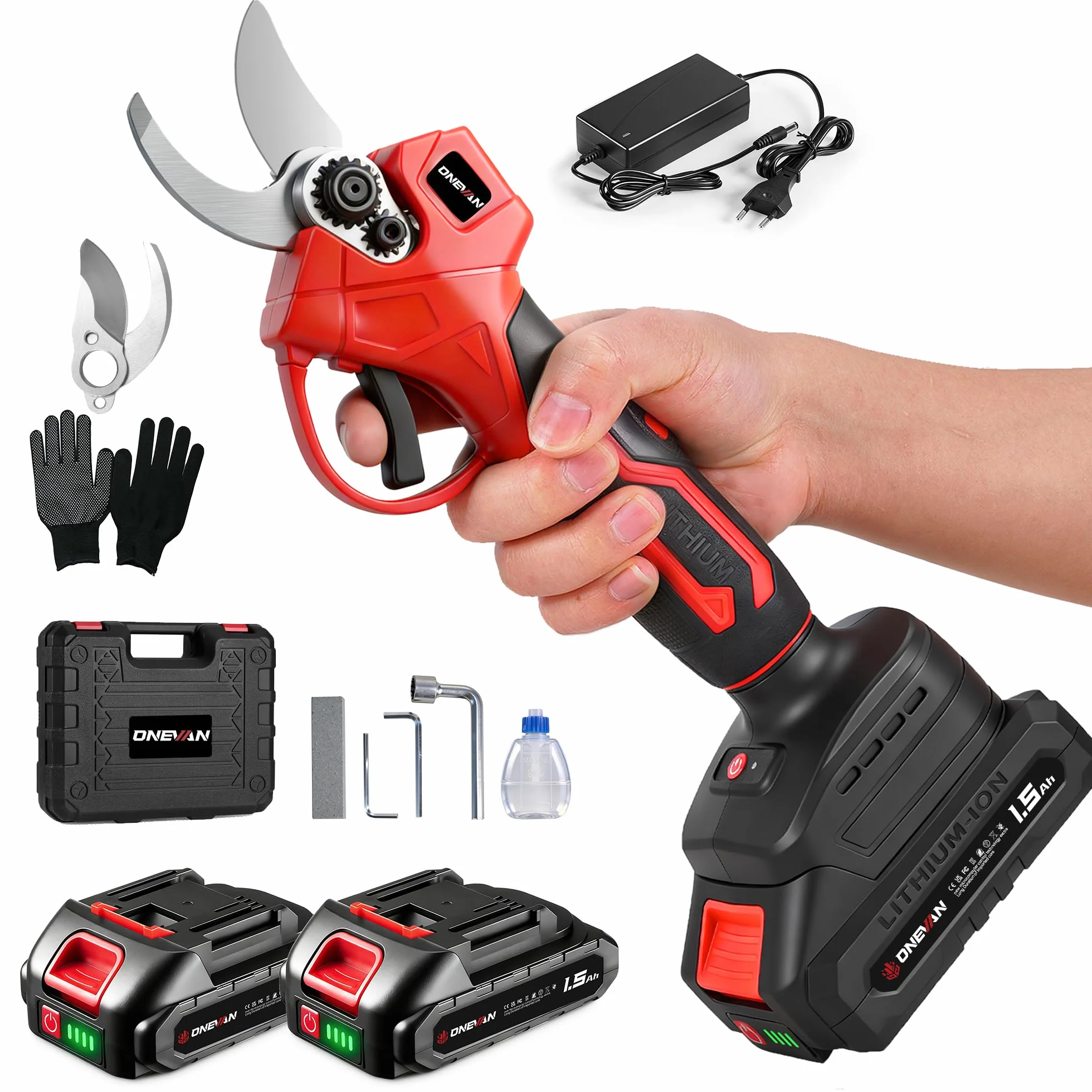 ONEVAN Cesoie a batteria, Cesoie elettriche per alberi diametro di taglio 25mm, Brushless, Senza fili e Leggere, incl. 2x1,5Ah batterie, Lame SK5, cesoie da giardino senza fili per giardino, albero