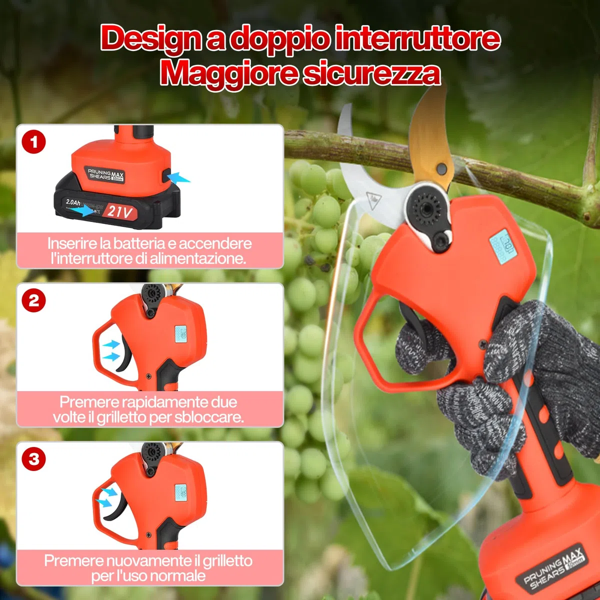 Forbici Potatura a Batteria 50mm 2 x 2000 mAh Brushless 800W | Forbici Elettriche Lama SK5 Schermo LCD Cesoie Elettriche Professionali Regolabile 30-50mm per Potatura Giardino Olivo Ulivo