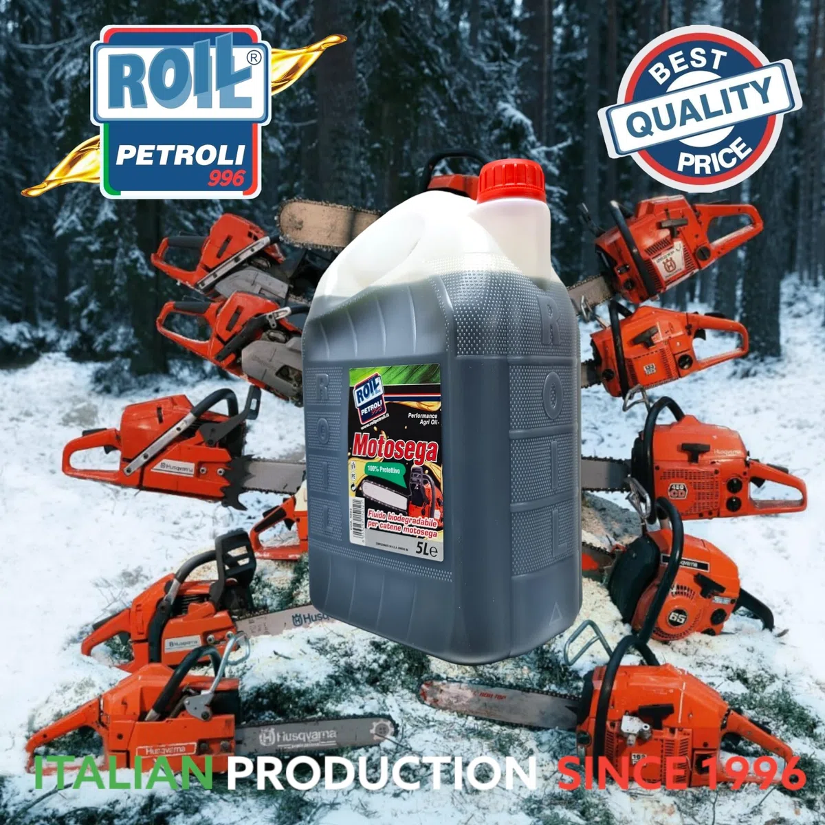 5 Litri di Olio ►BIOLOGICO e BIODEGRADABILE◄ di colore VERDE per CATENE MOTOSEGA per ►Uso PROFESSIONALE e HOBBISTICO◄ (5)