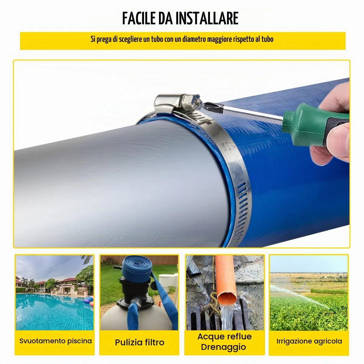 VEVOR Tubo di scarico, 3" x 105", Tubo piatto in PVC, Resistente alle intemperie e allo scoppio, Ideale per piscine e trasferimento dell'acqua, Blu