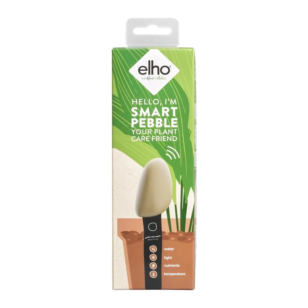 Elho Smart Pebble - Contatore Intelligente per Piante - Sensore di umidità, Luce e Fertilizzante per Interni - Cura delle Piante con App - L 4,0 x P 5,0 x A 17,3 cm - Marrone Terroso