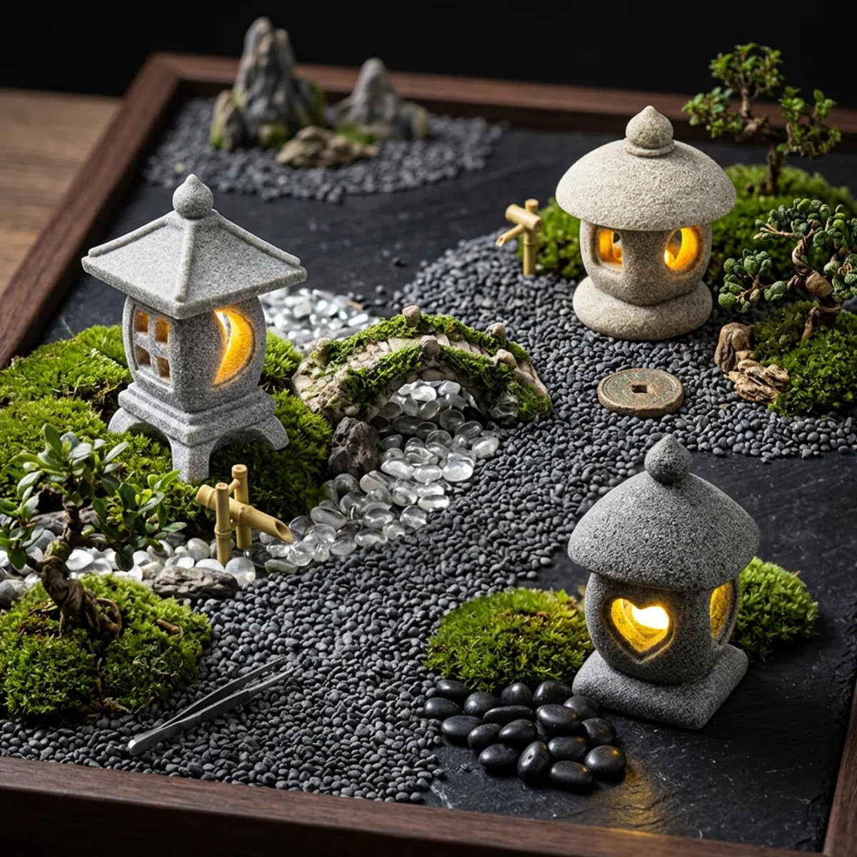 Statua da giardino a pagoda da 3 pezzi con luce LED calda, mini lanterna con texture in pietra realistica, decorazione da giardino giapponese e figurine bonsai