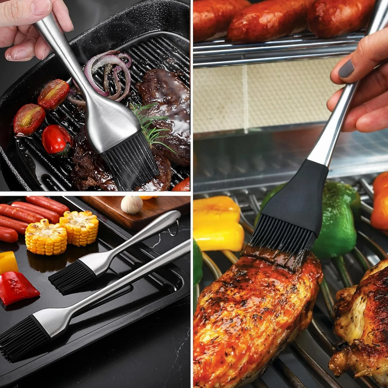 Spazzola per Olio per Barbecue Resistente Calore Testina in Silicone Pennelli per Pasticceria Strumento per Arrostire con Maniglia in Acciaio Inossidabile per BBQ Cottura Forno Cucinando(30cm)