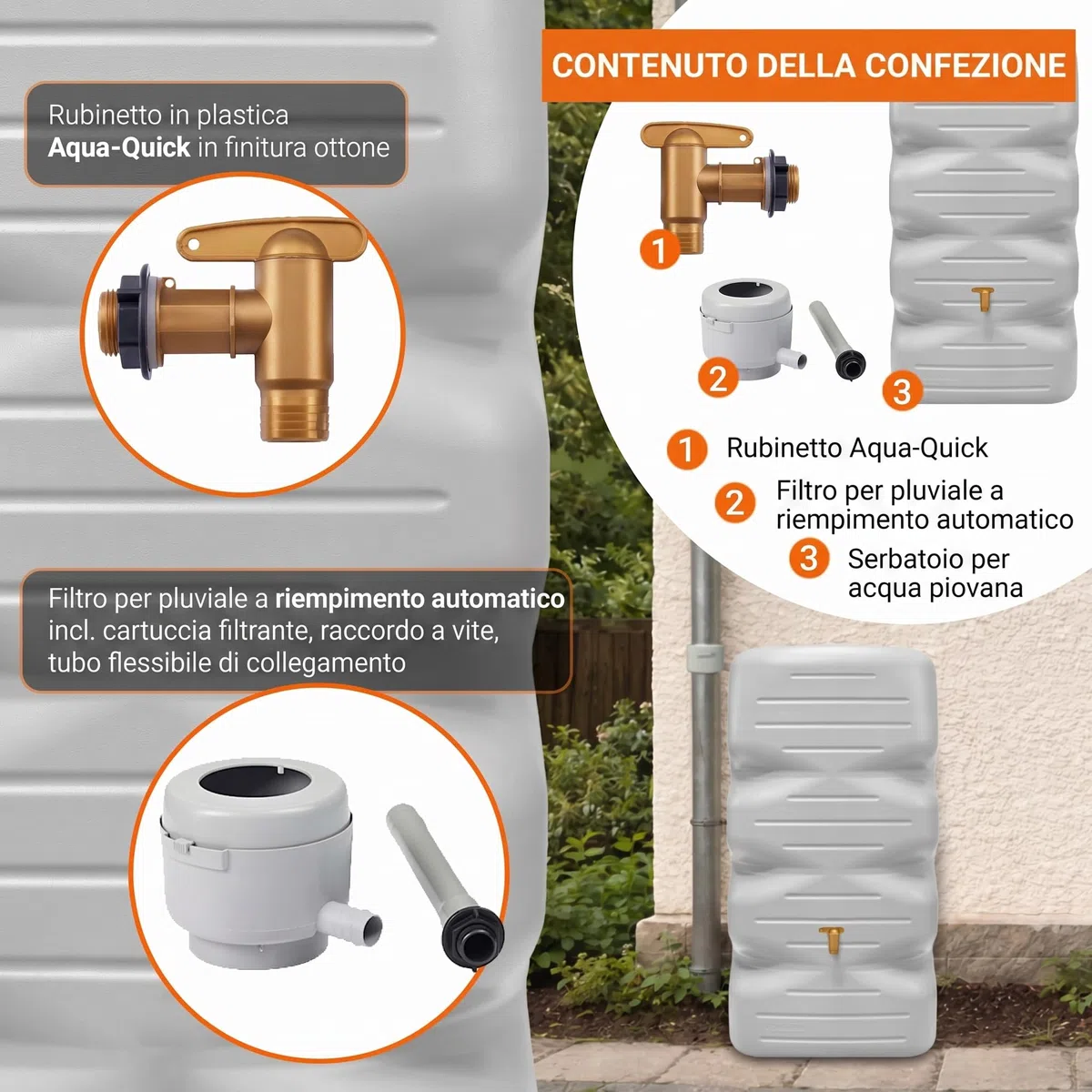 GARANTIA CUBUS serbatoio da giardino set completo 340 litri grigio cemento incl. rubinetto in plastica e raccordo pluviale - pronto al collegamento - design compatto elegante - riempimento automatico