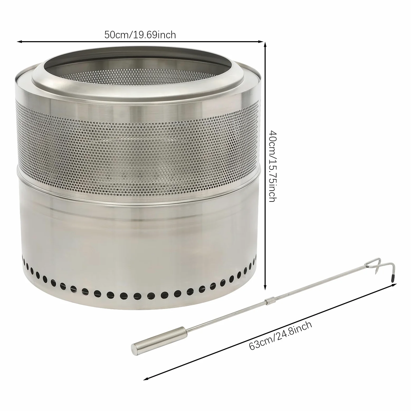 Braciere pieghevole senza fumo, con gancio e borsa da 63 cm, 50 x 40 cm, doppie pareti in acciaio inox, per campeggio, feste in giardino, falò