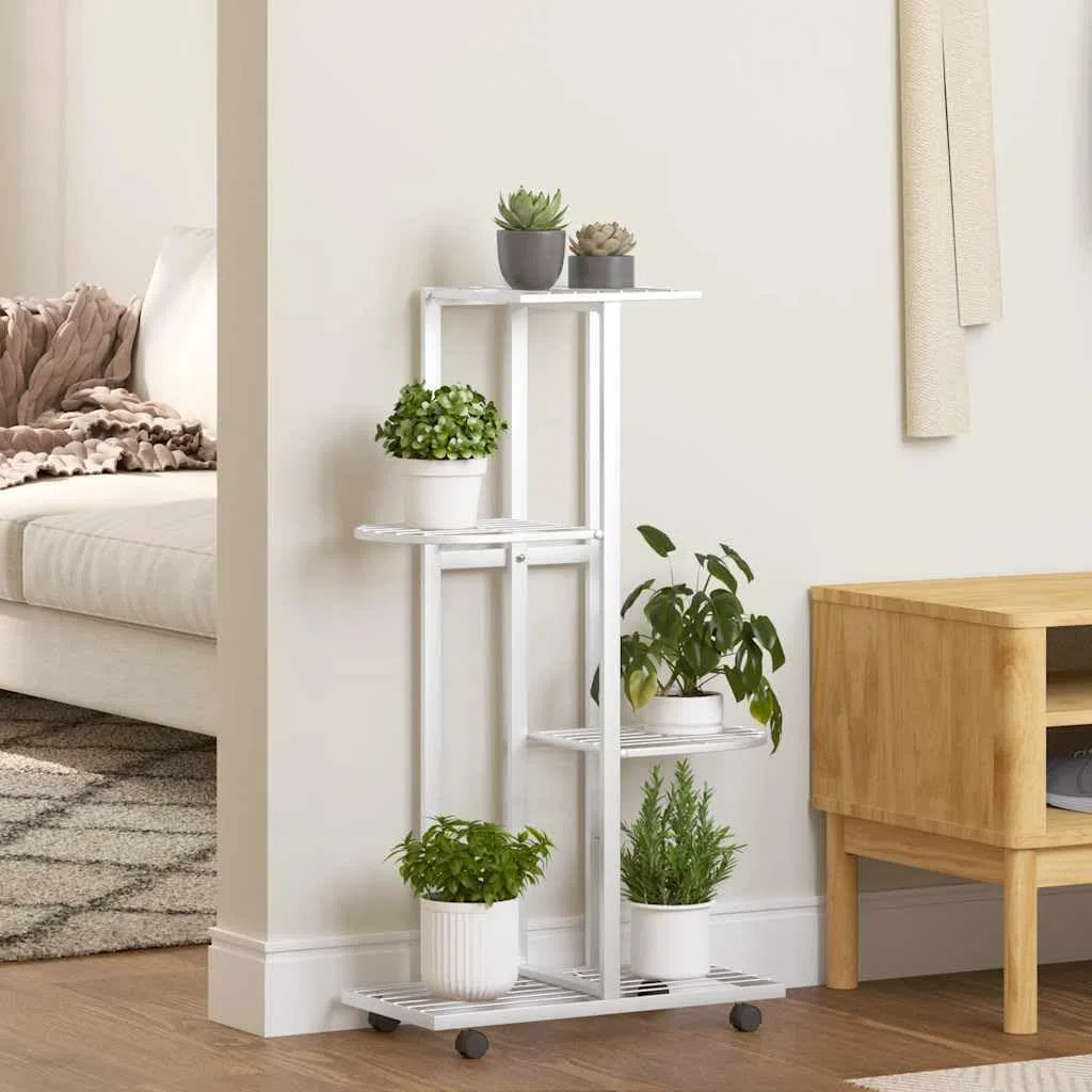 Portafiori a 4 ripiani con ruote, 44 x 23 x 80 cm, in ferro bianco, scaffale per piante per balcone, terrazza, soggiorno, multipiano, per vaso ed erbe aromatiche