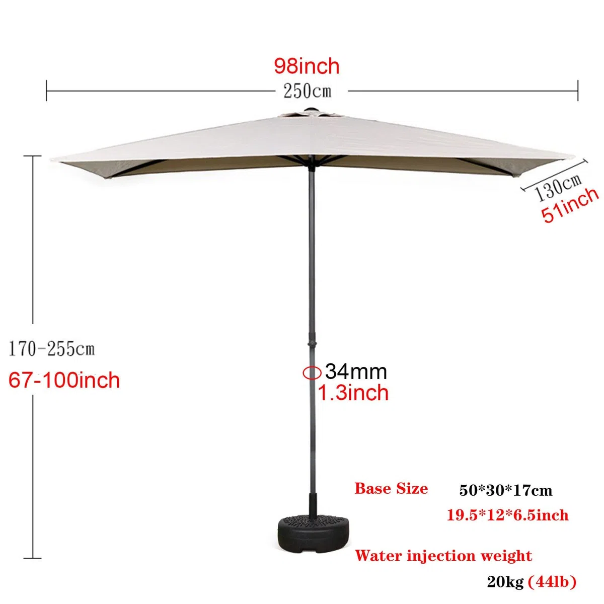 250x130cm Ombrellone Rettangolare da Parete Ombrellone a Mezzaluna da Terrazza e Giardino for Muro con Regolabile in Altezza, Include Base (Color : Naturale)