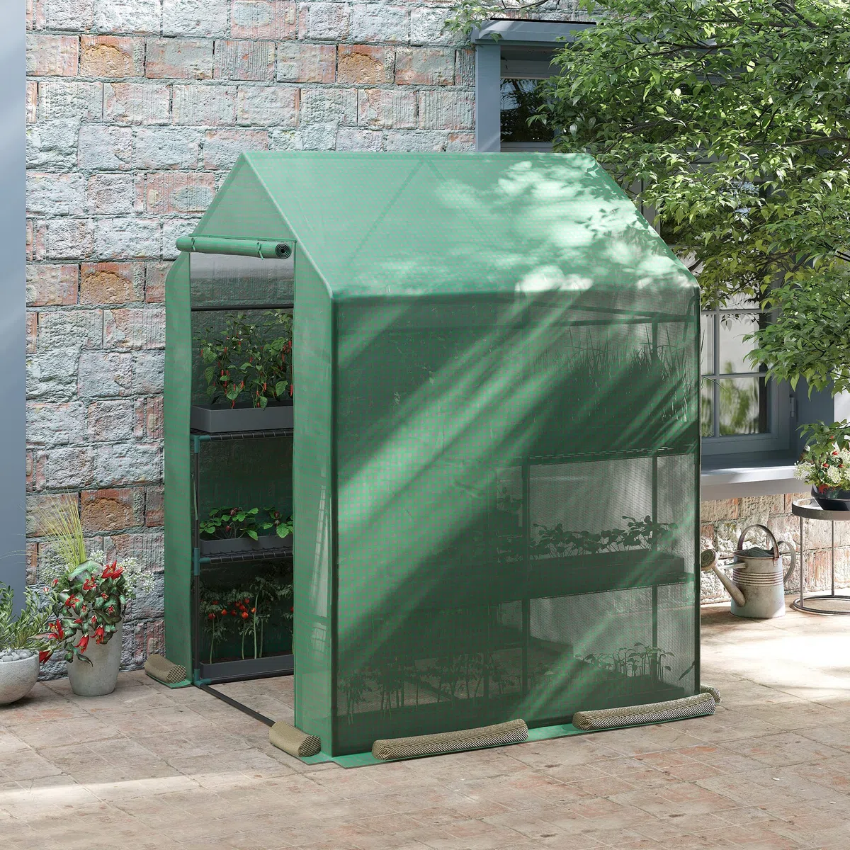 Outsunny Serra da Giardino con Scaffali per Piante, Serra da Balcone con Copertura in PE e Porta Avvolgibile, 143x138x190cm, Verde