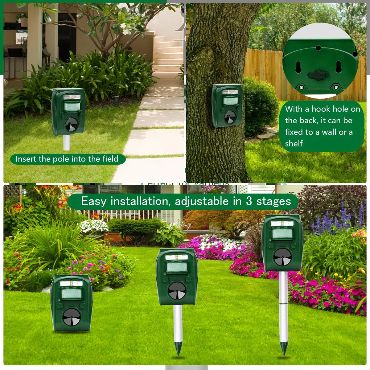 Repellente Gatti, Ultrasonico Solare Alimentato Animale Deterrente per Giardino Piccioni, Uccelli, Cani, Gatti, Topi，Volpi, 5 Modalità Regolabili