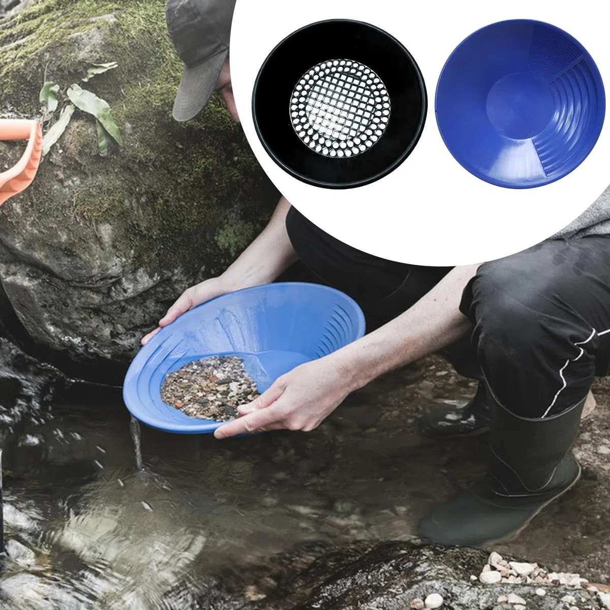 2X Padella per la Ricerca dell'oro con setaccio Padella Portatile da 14 Pollici per la Ricerca dell'oro per Principianti Kit per, Blu E Nero