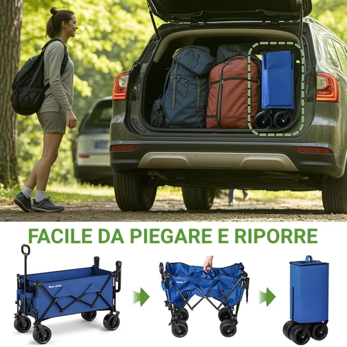 BEAU JARDIN Carrello Pieghevole Giardino Tela Vagoni Carrello da Trasporto con 4 Ruote e Freni in Acciaio Carrello Rimorchio a Mano da Trasporto Carico Massimo 100KG Blu Scuro