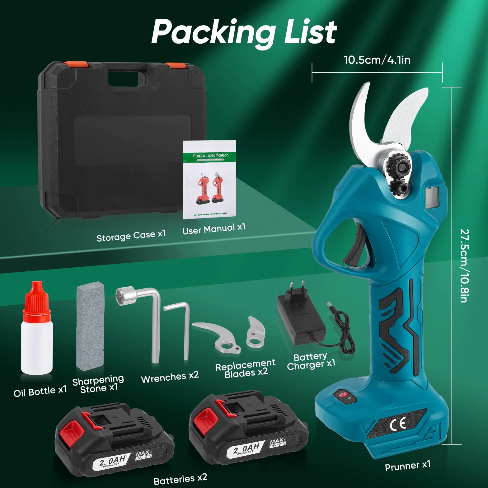 Troncarami a batteria, diametro di taglio 30 mm, cesoie elettriche da giardino con 2 batterie da 2000 mAh e 1 paio di lame di ricambio, display LCD, forbici da giardino brushless per rami