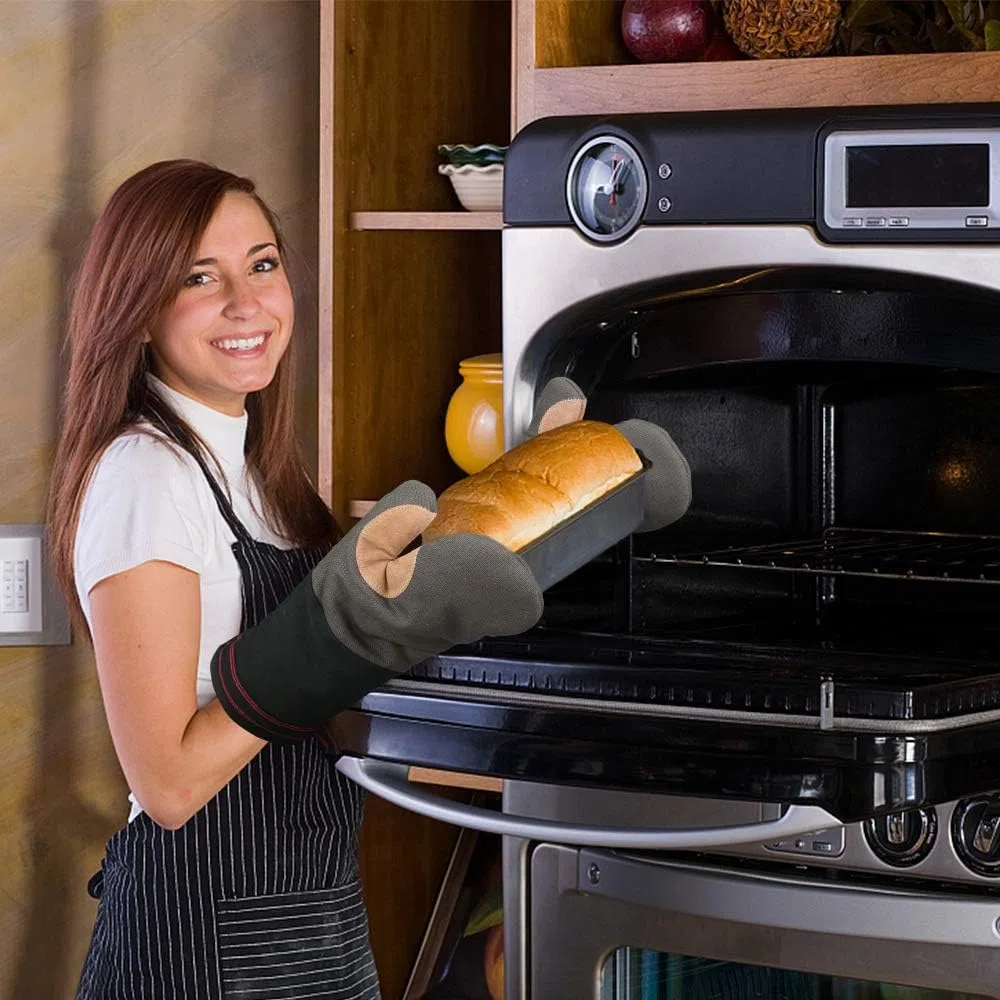 AYADA Guanti da Forno Spessi Lunghi Grande, Guanti da Cucina in Pelle & Morbido Fibra poliestere, Antiscivolo Oven Gloves Mitts Lavabile Presine da Cucina Professionale per Uso Domestico (Grigio)