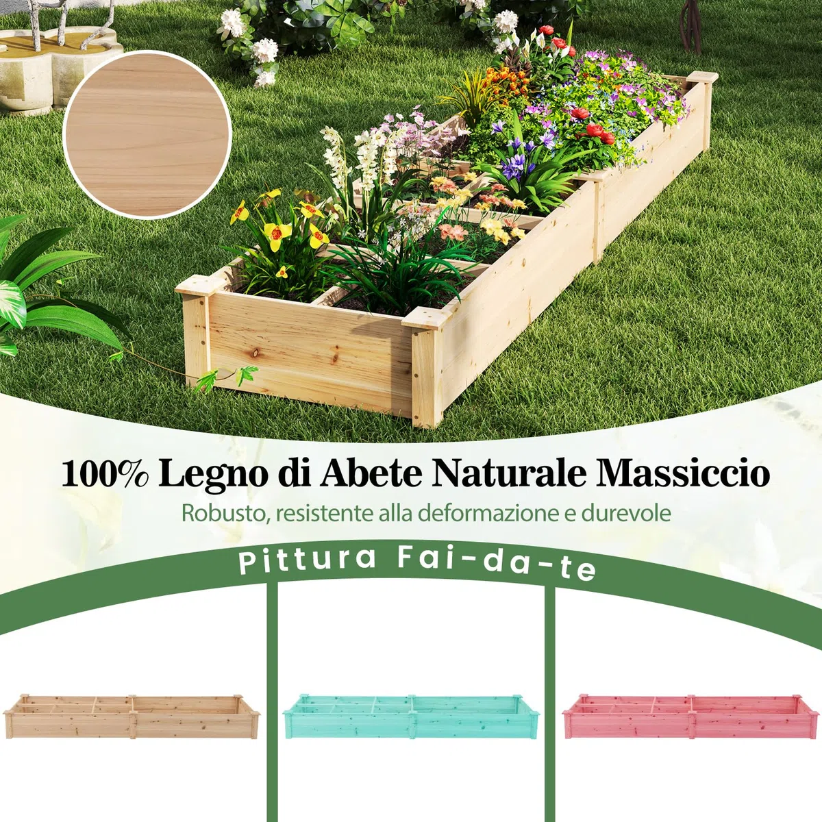 COSTWAY Lettino da Giardino Elevato in Legno con 2 Scatole per Piante e Separatori, Fioriera da Giardino Rialzato in Legno Massiccio da 228 cm per Fiori, Verdure, Frutta e Erbe (Naturale)