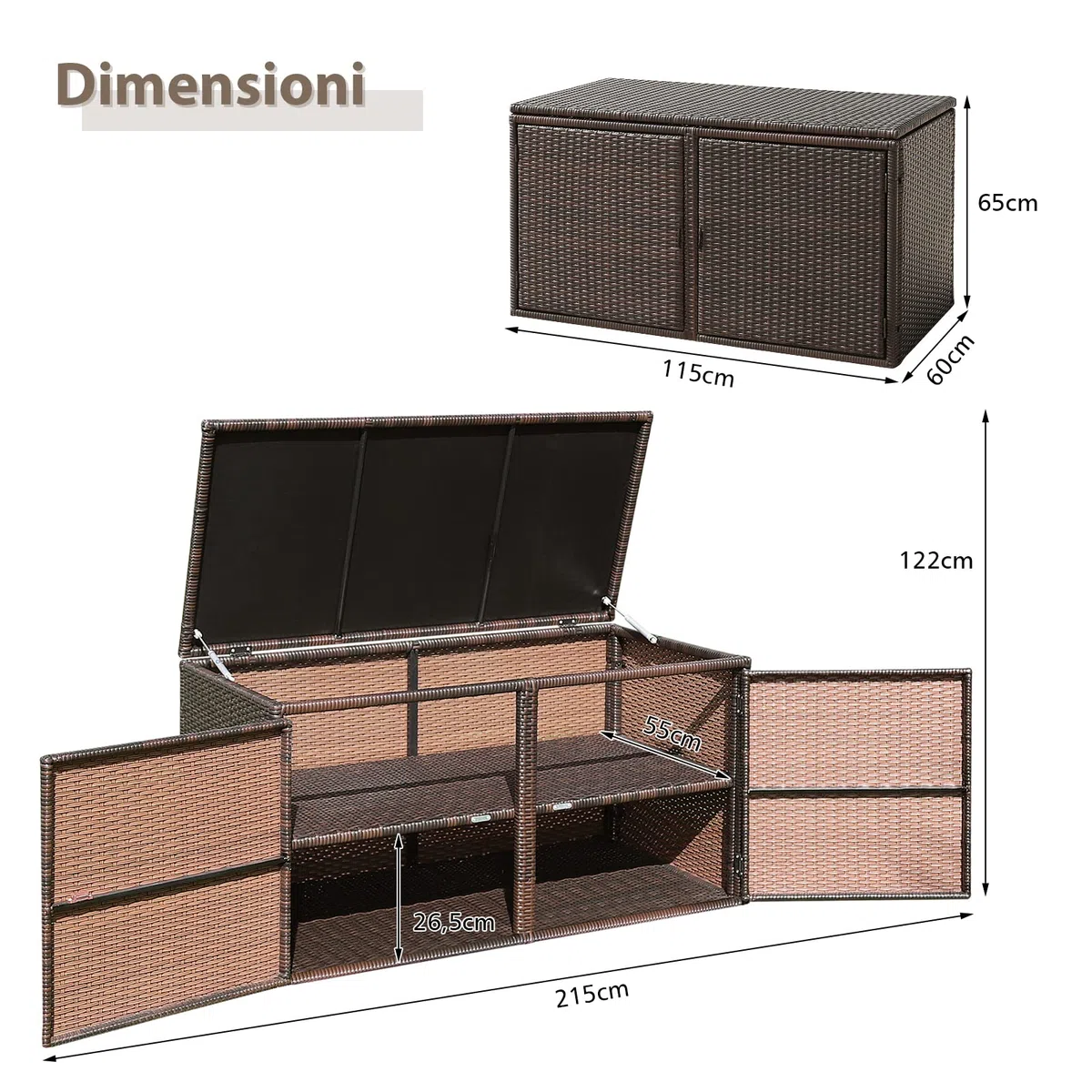 COSTWAY Baule Contenitore da 335L, con Coperchio e 2 Ripiani, Contenitore da Giardino con Telaio in Acciaio, Box per Conservazione di Attrezzi Giocattoli Accessori (Marrone)
