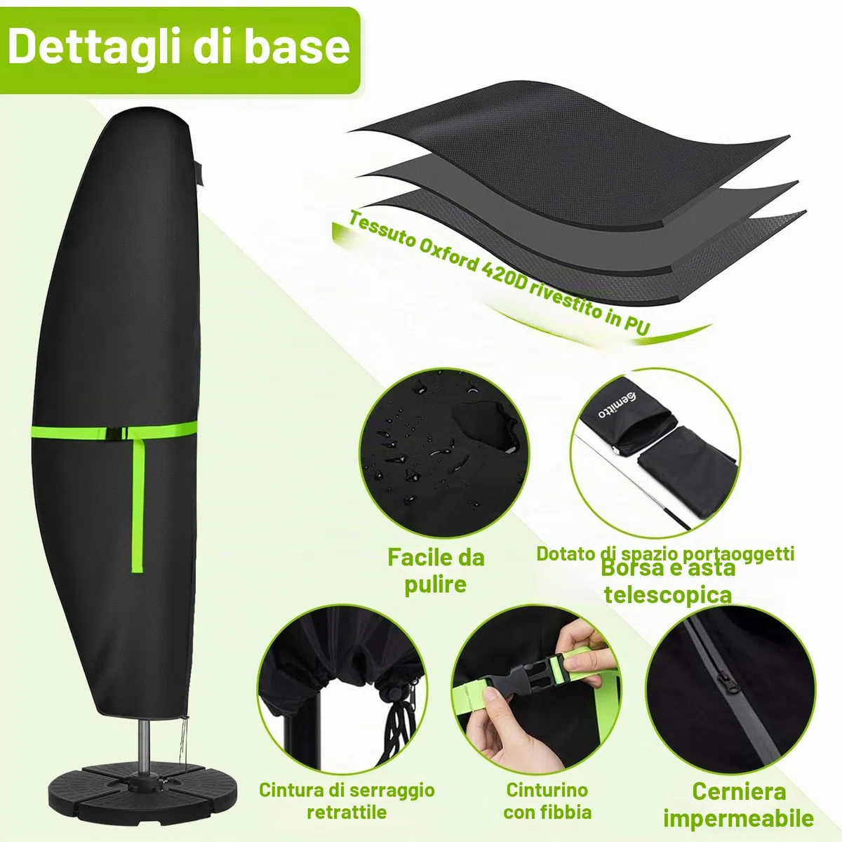 GEMITTO Copertura Protettiva per Ombrellone (Diametro 2-4 m) da Giardino Impermeabile, con Cerniera Impermeabile (280 x30/81/45cm, 420D)