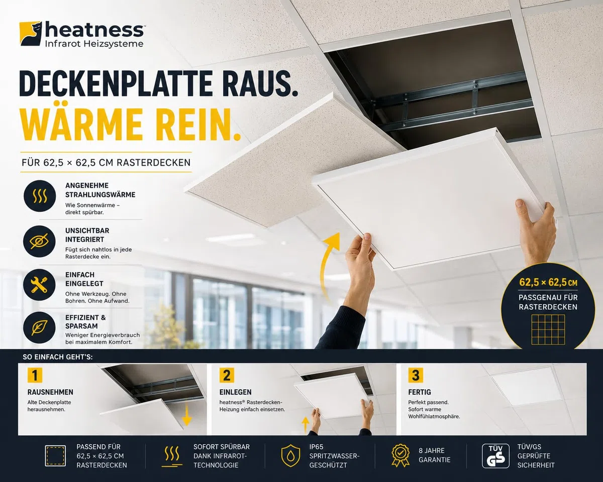 heatness Riscaldamento da soffitto a griglia 62 × 62 cm con cornice – Pannello riscaldante a infrarossi per soffitti a griglia in ufficio, pratica e spazio abitativo – calore rapido, efficiente dal