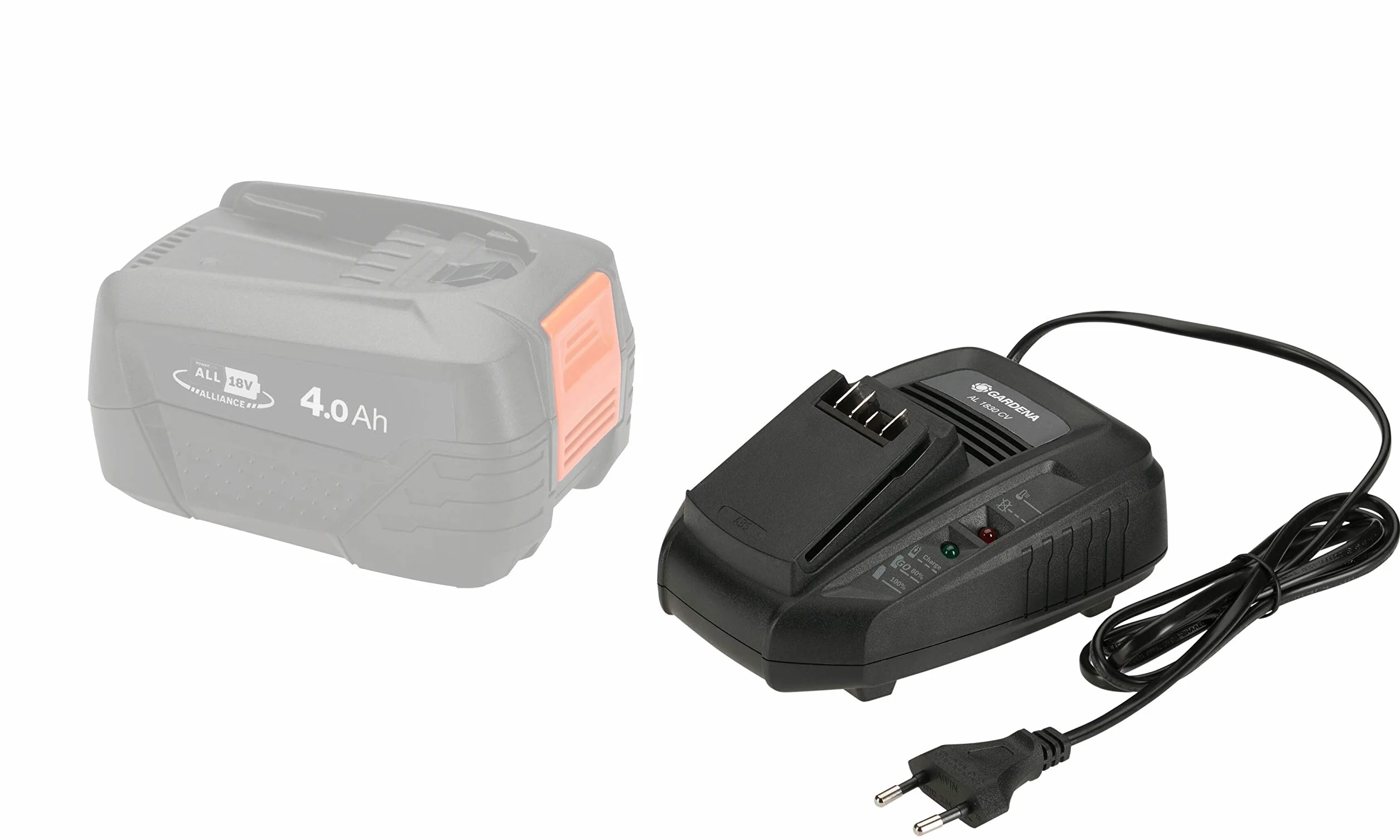 GARDENA Caricabatterie rapido AL 1830 CV: per tutte le batterie 18V POWER FOR ALL, per la batteria da 2,5Ah il tempo di ricarica è di 60 min., con display a LED per stato di carica batteria (14901-20)